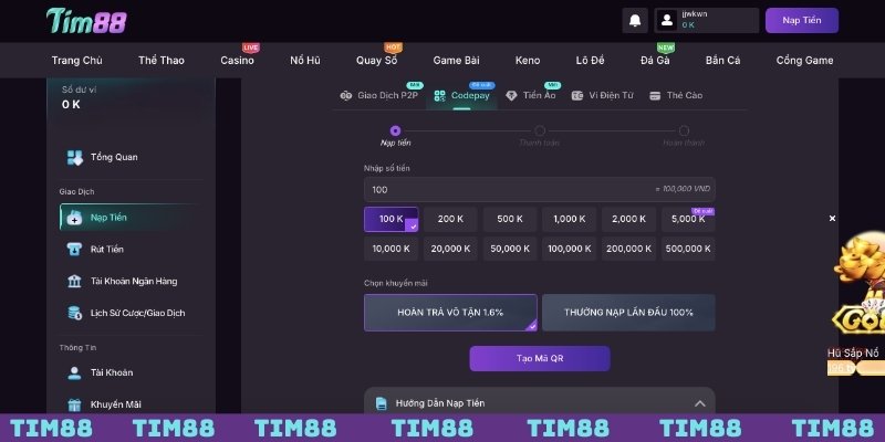 Hướng dẫn nạp/rút tại nhà cái TIM88